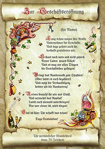 Die Staffelei Geschenk Karte Urkunde Geschäftseröffnung, Zeichnung mit humorvollem Gedicht, A4 Bild-Präsent zur Firmengründung, Ladeneröffnung, persönlich durch Wunschtext von Die Staffelei