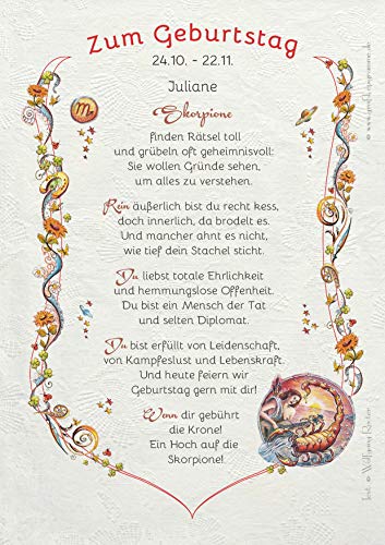 Die Staffelei Geschenk Karte Urkunde Sternzeichen Skorpion, Zeichnung mit humorvollem Gedicht, A4 Bild-Präsent für Skorpione, 24. Oktober bis 22. November, persönlich durch Wunschtext von Die Staffelei