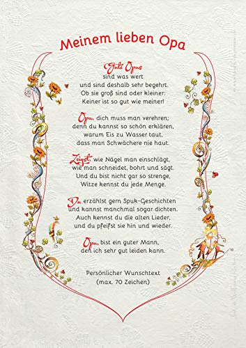 Die Staffelei Geschenk Urkunde Mein Lieber Opa, Zeichnung mit humorvollem Gedicht, A4 Bild-Präsent für den Opa Großvater Opi, persönlich durch Wunschtext von Die Staffelei