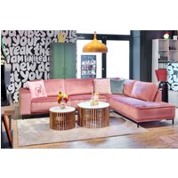 Ecksofa Mex in rosa Samtbezug mit schwarzen Metallfüßen von Die Waescherei Hamburg