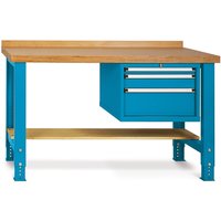 Schwere Werkbank Premium mit 3 Schubladen, TK 450 kg, HxBxT 800-1.100 x 1.500 x 700 mm, enzianblau von LOKOMA