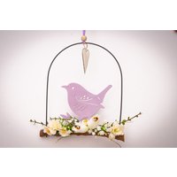 Frühling Fensterdeko Türdeko Hängen Vogel Metall-Herz Deko Für Ostern Muttertag Zum Hinhängen Osterschmuck Lila Weiß Rustikal Landhaus von DieDekobude