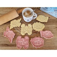 Soundeffekte Cookie Cutter Set - Comicsound Comic Bang Boom Pow Zap Ausstechformen Keksstempel Backzubehör Kekse Backen Fondant Fimo von DieSaarfriesen