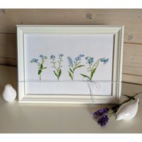 Neukreuzstichbild Vergissmeinnichtkreuzstichdahlbecksommerhandgesticktwanddekosommerdekoblumenbildgeschenk Frauen von DieStickAG