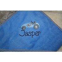 Babybadetuch Kapuzenhandtuch Rennauto Auto Blau & Wunschname W557 von DieWichtelstickerei