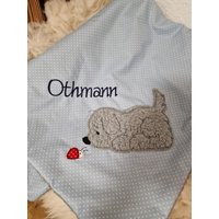 Babydecke Decke Kuscheldecke Hund Marienkäfer Punkte Hellblau & Wunschnamen W53 von DieWichtelstickerei