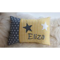 Kissen 2 Sterne Graue Gelb Karo & Wunschnamen W1171 von DieWichtelstickerei