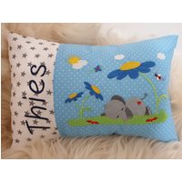 Kissen Elefant Unter Der Blume Weiß Blaue Punkte & Wunschnamen W1393 von DieWichtelstickerei