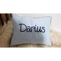 Kissen Taufkissen Name Wunschname Blau Karo W1130 Kissen Taufkissen Name Wunschname Blau Karo W1130 von DieWichtelstickerei