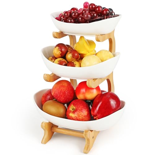 Diealles Shine Keramik Obst Etagere mit 3 Etagen, Platzsparendes Obstkorb Etagere für die Familie, Stabil Und Ohne zu Zittern, Obstschale Modern mit Natürlichem Bambus Steher, für Gemüse, Obst, Snacks von Diealles Shine