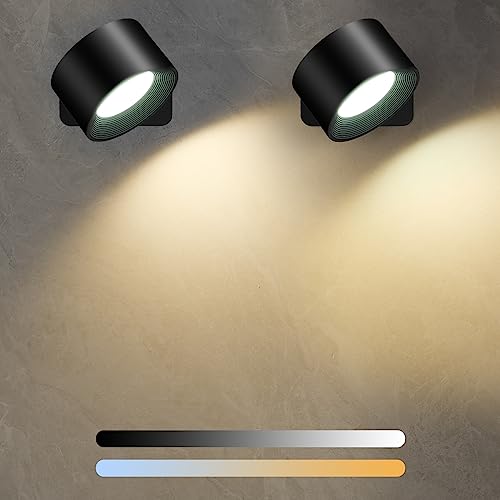 Diealles Shine LED Wandleuchte Innen 2 Stück, Aufladbare Wandleuchten mit 3 Helligkeit und 3 Farbe, 360° Drehbarer Touch Control Akku Wandlampe für Schlafzimmer Küche Badezimmer Wohnzimmer (Schwarz) von Diealles Shine