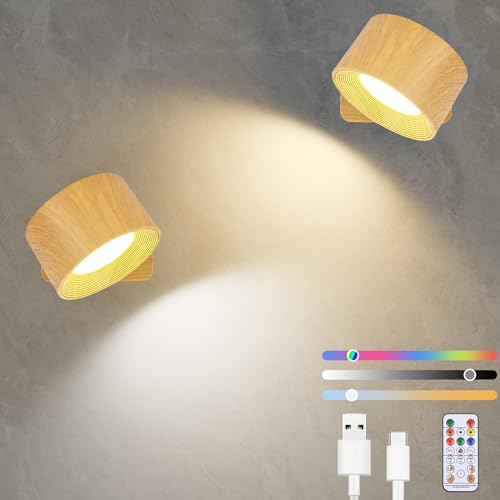 Diealles Shine LED Wandleuchte Innen 2 Stück, USB-C Wandleuchte Ohne Stromanschluss, Dimmbare Lampen Ohne Bohren, 360° Drehbare, Touch Control und Fernbedienung, 19 RGB-Farben (Holzmaserungsfarbe) von Diealles Shine