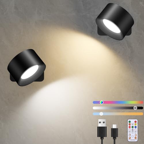 Diealles Shine LED Wandleuchte Innen 2 Stück, USB-C Wandleuchte Ohne Stromanschluss, Dimmbare Lampen Ohne Bohren, 360° Drehbare Magnetkugel, Touch Control und Fernbedienung, 19 RGB-Farben (Schwarz) von Diealles Shine