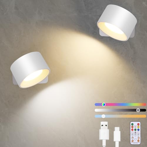 Diealles Shine LED Wandleuchte Innen 2 Stück, USB-C Wandleuchte Ohne Stromanschluss, Dimmbare Lampen Ohne Bohren, 360° Drehbare Magnetkugel, Touch Control und Fernbedienung, 19 RGB-Farben (Weiß) von Diealles Shine