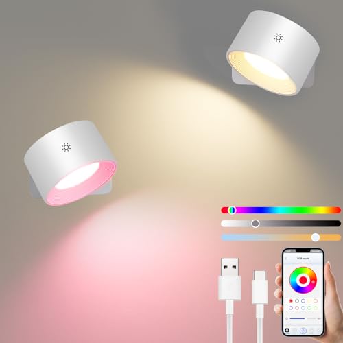 Diealles Shine LED Wandleuchte Innen 2 Stück, Aufladbare Wandleuchten mit 3 Helligkeit und 3 Farbe, 360° Drehbarer Touch Control Akku Wandlampe für Schlafzimmer Küche Wohnzimmer (2 Stück Weiß RGB) von Diealles Shine