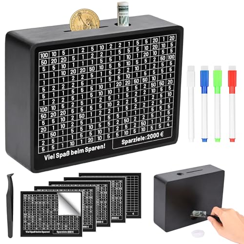 Diealles Shine Spardose Holz, Sparschwein mit Zahlen, Sparbüchse mit Zähler, Spardose Zum Ankreuzen, für Kinder Sparziel, Geschenk, Sparkasse €500 €1,000 €2,000 €3,000 €5,000 Euro Keine Montage von Diealles Shine