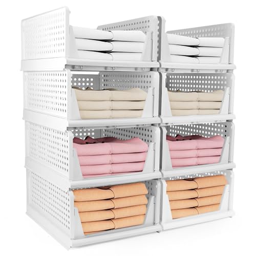 Diealles Shine Stapelbare Schubladenboxen, 8 Stück Kleiderschrank Organizer Ausziehbar, Plastik Schubladeneinsatz Kleiderschrank, Faltbare Schrank Schubladen Für Kleidung Schrank Speisekammer(Weiß) von Diealles Shine