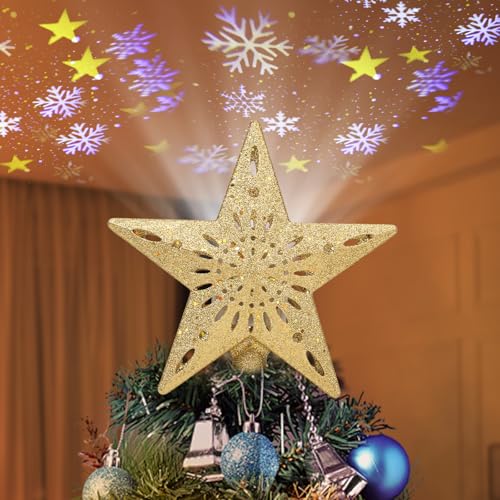 Weihnachtsbaumspitze Stern Gold, Diealles Shine Weihnachtsbaum Topper mit Dynamischer LED-Schneeprojektor, Glitzernde Christbaumspitze Stern, Beleuchteter Stern für Christbaumschmuck (24 x 26 cm) von Diealles Shine
