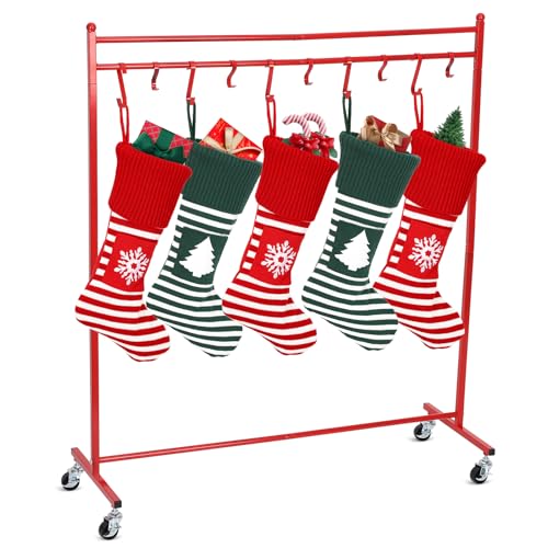 Diegimr Weihnachtsstrumpf Halter, Roter Weihnachtsstrumpfhalter Ständer aus Eisen mit 10 Haken Strumpfhalter Ständer für Weihnachtsstrümpfe Dekorationen von Diegimr