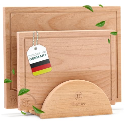 DIEMKER Premium Schneidebrett 2er Set aus robuster Buche | Schneidebretter mit Saftrille und Brettständer, 2cm dicke Holzbretter, (33x25, 27x19cm), massives Buchenholz (2er Set) von Diemker