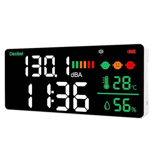 5-in-1 Dezibel Messgerät Wandmontage DB Messgerät Schallpegelmessgerät 43-130dB 11" Große LED-Anzeige Lärm-, Zeit-, Temperatur- & Luftfeuchtigkeit messgerät für Zuhause (Db Messgerät-2000mah) von Dienmern