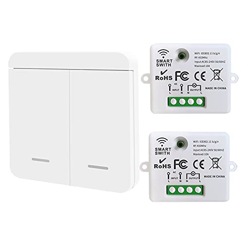 DieseRC Mini Wireless WiFi Switch, 2500W 10A RF Relais Fernbedienung 2 Empfänger mit 1 Wireless Wandschalter, Smart Control per Telefon über Tuya APP, Kompatibel mit Alexa/Google Home von DieseRC