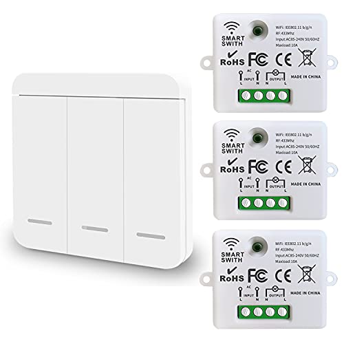 DieseRC Mini Wireless WiFi Switch, 2500W 10A RF Relais Fernbedienung 3 Empfänger mit 1 Wireless Wandschalter, Smart Control per Telefon über Tuya APP, Kompatibel mit Alexa/Google Home von DieseRC