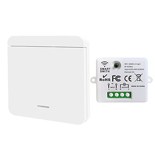 DieseRC Mini Wireless WiFi Switch, 2500W 10A RF Relay Fernbedienungsempfänger mit 1 Wireless Wandschalter, Smart Control per Telefon über Tuya APP, Kompatibel mit Alexa/Google Home von DieseRC