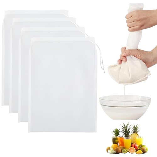 Diffaxy 4 Nussmilchbeutel 30 × 20 cm Nylon Feinmaschiges Passiertuch Feinmaschiges Filter mit Kordelzug Filterbeutel für hausgemachten Käse, Obstsaft und Gemüsesaft Waschbar und Wiederverwendbar von Diffaxy
