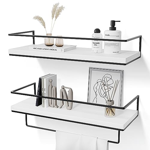 DifferTemp Wandregal Weiß, Regal Weiß Wand, Schweberegal mit Handtuchhalter, Regalbrett Freischwebend 2er Set, Moderne Dekorative Hängeregal für Küche, Badezimmer, Wohnzimmer usw (Weiss) von DifferTemp