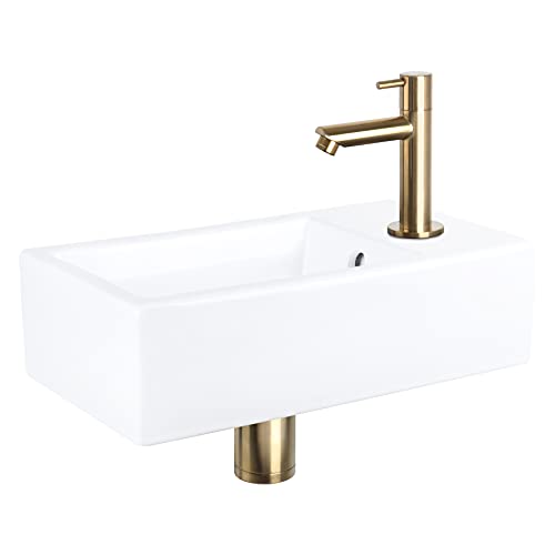 Differnz Force Waschbecken - Waschtisch Keramik Weiß - Gerade Armatur Matt Gold - Komplettset - 40 x 22 x 11,5 cm Differnz Force Waschbecken - Waschtisch Keramik Weiß - Gerade Armatur Matt Gold - Komplettset - 40 x 22 x 11,5 cm von Differnz