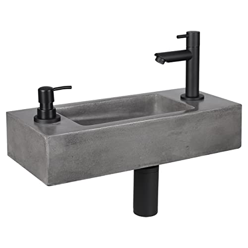 Differnz Jax Waschbecken klein – Handwaschbecken Beton Grau – Armaturen Matt Schwarz - Seifenspender - Wasserhahn Rechts – Waschtisch – 42 x 18.5 x 9 cm von Differnz