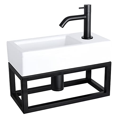 Differnz Ravo Fonteinset - Keramiek - Kraan gebogen mat zwart - Met handdoekrek - 38.5 x 18.5 x 9 cm von Differnz