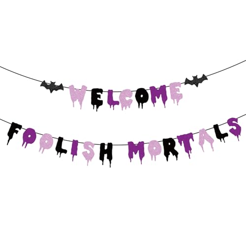 Welcome Foolish Mortals Banner NO DIY vorbespannt Halloween Party Dekoration Glitzer Spukhaus Banner Halloween Party Banner mit Fledermaus für Zuhause Wand Kaminsims Dekor Party Spukhaus Mann Höhle Welcome Foolish Mortals Banner NO DIY vorbespannt Halloween Party Dekoration Glitzer Spukhaus Banner Halloween Party Banner mit Fledermaus für Zuhause Wand Kaminsims Dekor Party Spukhaus Mann Höhle von Difuento