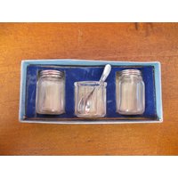 Vintage Glas Und Silber Menage Senf Set. Salz Pfeffer Mit Sterling Aufsatz, Edelstahl Löffel von DigVintageStuff
