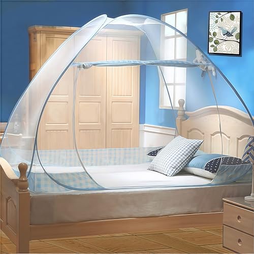 Digead Moskitonetz Bett,Faltbares Bett-Moskitonetz, Tragbares Reise-moskitonetz, Einzeltür-Moskito-Campingvorhang,100 × 200 cm-Blauer Rand von Digead