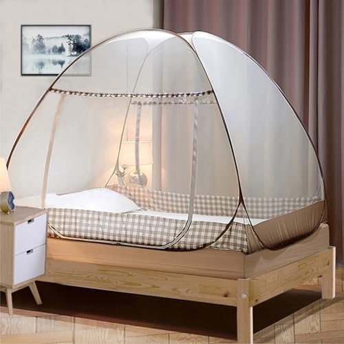 Digead Moskitonetz Bett,Faltbares Bett-Moskitonetz,Tragbares Reise-moskitonetz, Doppeltür-Moskito-Campingzelt,150 × 200 cm-Brauner Rand von Digead