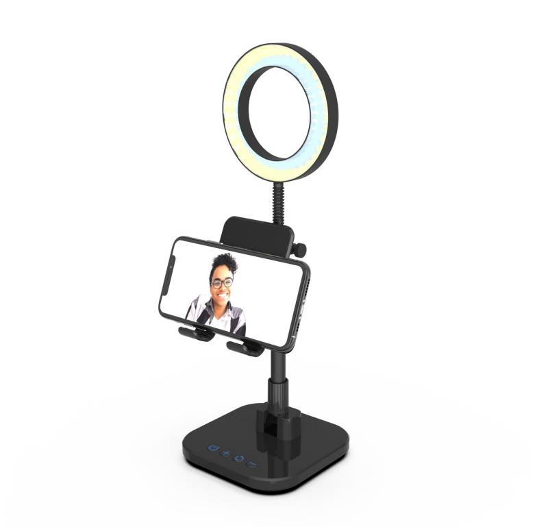 DigiPower Schreibtischlampe mit Smartphone- und Tablet-Halterung inkl. Akku, schwarz, LED fest integriert, warm, kalt, natur, Ringlicht, Handyhalterung von DigiPower