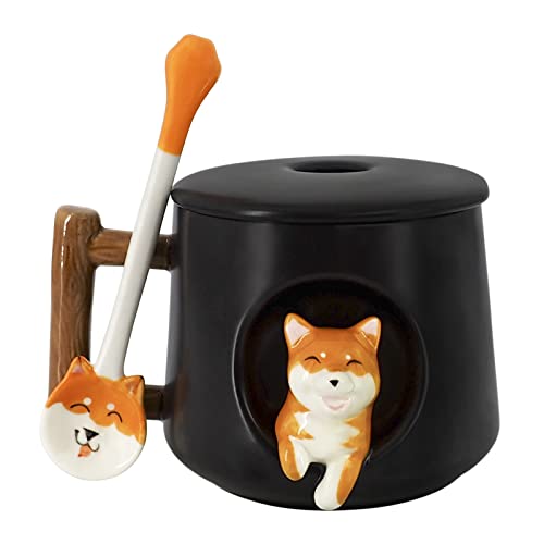 3D Shiba Inu Cute Coffee Mug, Muster innen Tasse mit Öffnung Deckel und Lovely Matching Cute Paw Löffel, Novelty Morning Mug für Büro Familien und Freunde 420ml (Black) von DigiTizerArt