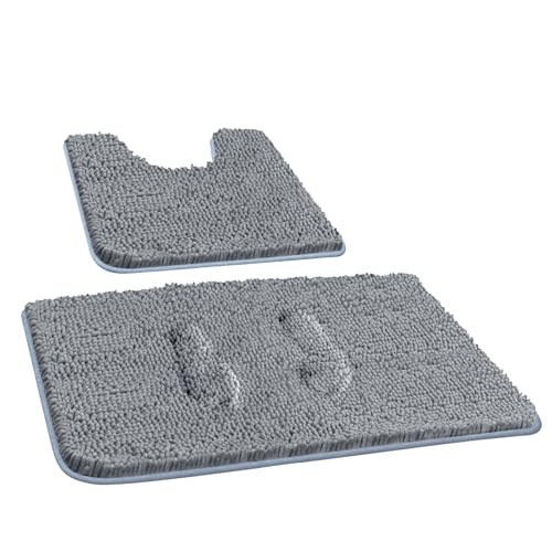 Badematte aus Chenille, 2er Set Badezimmerteppich rutschfest Duschvorleger und saugfähiger U-förmiger Konturteppich und Fußmatte für Badezimmer Dusch, waschbar und super weich 80*50 55*50 Dunkelgrau Badematte aus Chenille, 2er Set Badezimmerteppich rutschfest Duschvorleger und saugfähiger U-förmiger Konturteppich und Fußmatte für Badezimmer Dusch, waschbar und super weich 80*50 55*50 Dunkelgrau von Digiroot