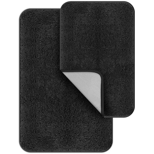 Digiroot Badezimmerteppich Set 2 teilig Badematte rutschfest waschbar Badteppich saugfähig und schnell trocknend Duschvorleger schwarz Garnbüschel-Material sehr weich 40 x 60 cm 50 x 80 cm von Digiroot