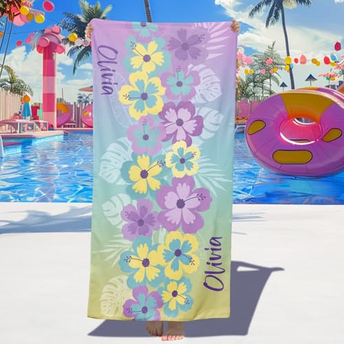 Dihope Strandtuch Personalisiert mit Namen Sandfreies Microfaser Handtücher Badetuch Groß Schnelltrocknend Stranddecke für Kinder, Teenager, Erwachsene,Hibiskusblüte von Dihope
