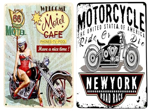 2 x DiiliHiiri Poster Dekorative Plakette Motorrad Custom Chopper als Geschenk für Vintage Motorradfans, 30 x 20 cm, Blechschild Biker (2635-281-301) von DiiliHiiri