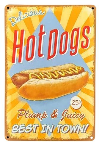 DiiliHiiri Metall-Poster mit Werbung, 30 x 20 cm – Hot Dog Hot Dogs, Vintage-Blechschild, Cafés, antike amerikanische Werbung, 50er Jahre (2635-229) von DiiliHiiri
