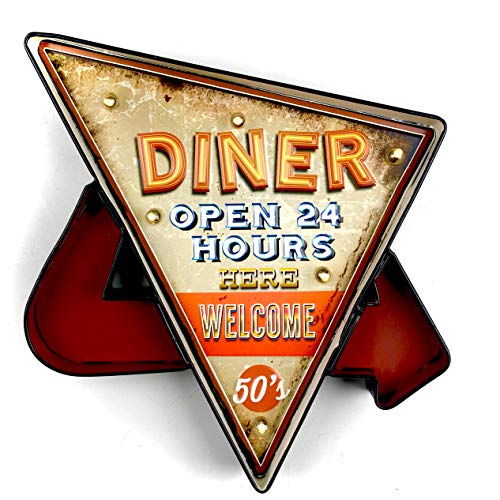 DiiliHiiri Retro-Schild, beleuchtet, Café, Vintage Metallschild, Handwerk, Zubehör für Zuhause (Diner Open 24 Hours) von DiiliHiiri
