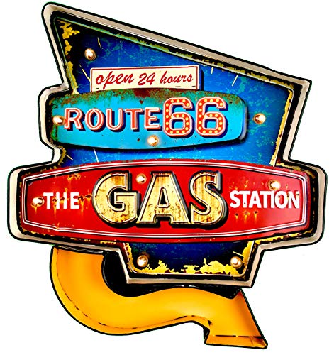 Route 66 Leuchtschild Retro-Schild Wandschild im Vintage-Stil LED Schild für Garage Dekoschild Zubehör für Wohnkultur 50er Jahre Haus Dekoration Retro Leuchtkasten Metallhandwerk (Gas) von DiiliHiiri