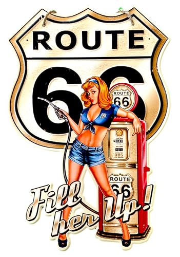 DiiliHiiri Schild Route 66 – Route 66 – Metallschild für Garage, Vintage (40 x 27 cm) – Metallschild Pin Up Retro Antik-Stil – Bar-Dekoration – Vintage – Werkstatt – Garage – (9053) von DiiliHiiri