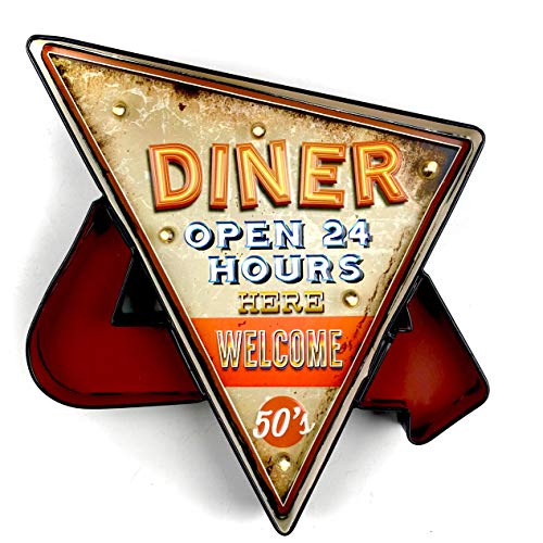 Retro-Schild, beleuchtet, Café, Vintage Metallschild, Handwerk, Zubehör für Zuhause (Diner Open 24 Hours) von DiiliHiiri