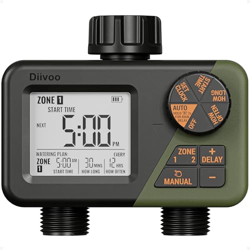 Diivoo Bewässerungscomputer 2 Ausgänge, Programmierbare Wasserschlauch Timer 2 Outlet für Garten, Outdoor Automatic Irrigation System IPX5 Waterproof mit Rain Delay/Manual Diivoo Bewässerungscomputer 2 Ausgänge, Programmierbare Wasserschlauch Timer 2 Outlet für Garten, Outdoor Automatic Irrigation System IPX5 Waterproof mit Rain Delay/Manual von Diivoo