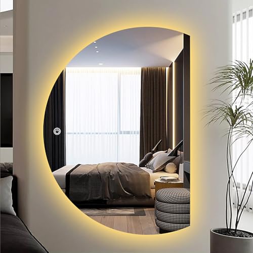 Dijateman 120/130cm Groß Halbe Runde Badspiegel, Intelligent Entfoggen Hinterleuchteten Ganzkörperspiegel, HD, Explosionsgeschützt, 3-Farben-LED-Licht(Left,90 * 60cm) von Dijateman